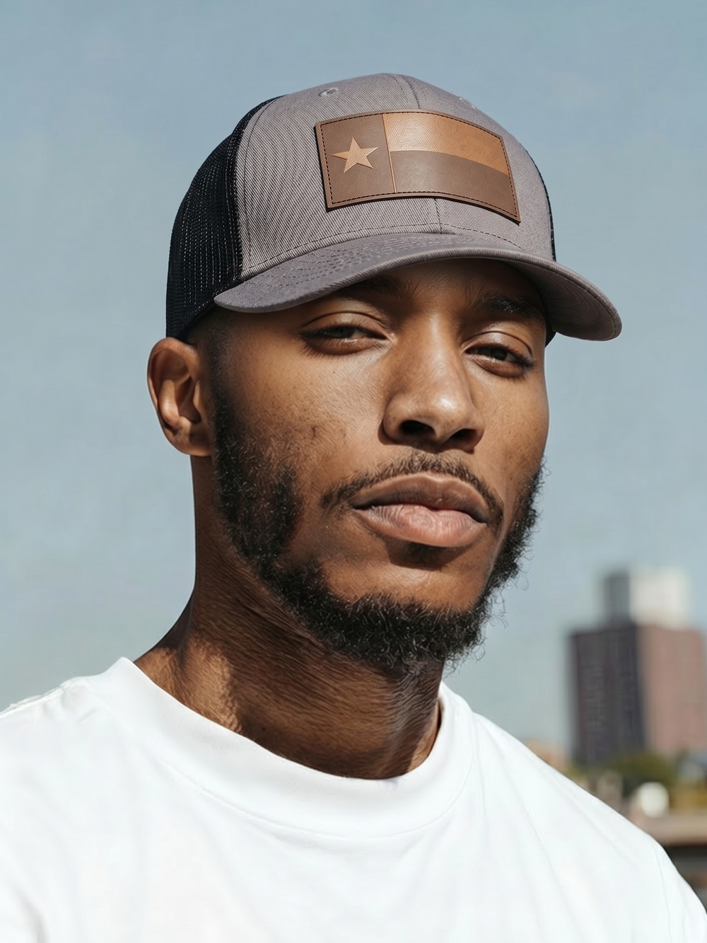 Infinity Headwear OSFM Grey/Black Trucker Hat Brown Leather State Of Texas Patch